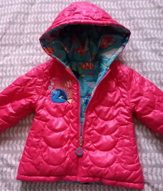DISNEY Nemo Girls Quilted Jacket Age 3 Reversible Full Zip Pink Turquoise
