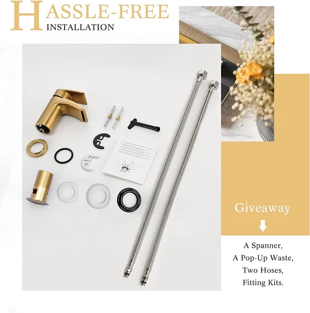 Hapilife Brushed Gold Basin Tap with Pop up Waste Hose & Fittings 9