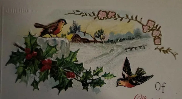 Christmas Greetings Embossed Postcard Winter Holly House Birds Unposted DVB