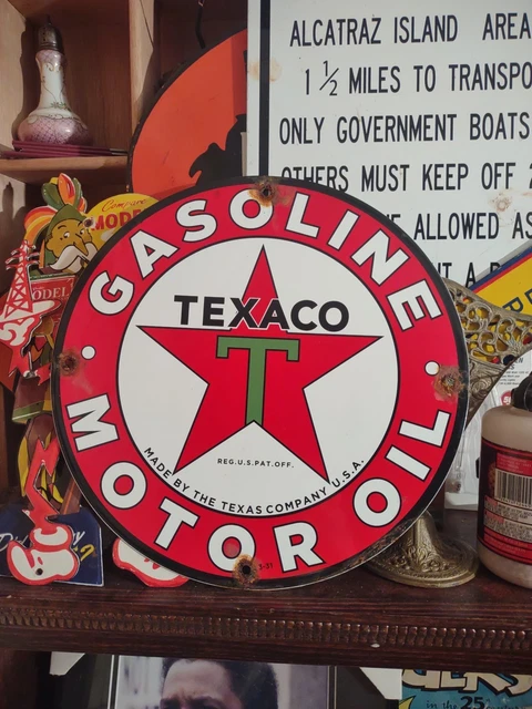 VINTAGE TEXACO MOTOR Oil Porcelain Sign Texas Gasoline Gas Station Pump ...