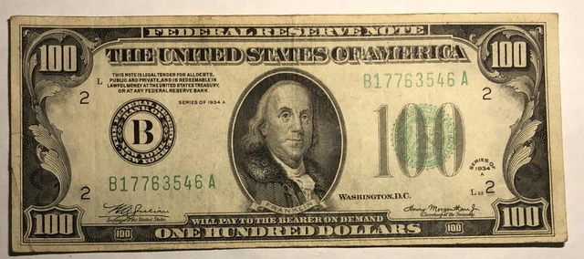1934A green seal $100 bill. Federal Reserve Note B New York VF FR-2153B #22