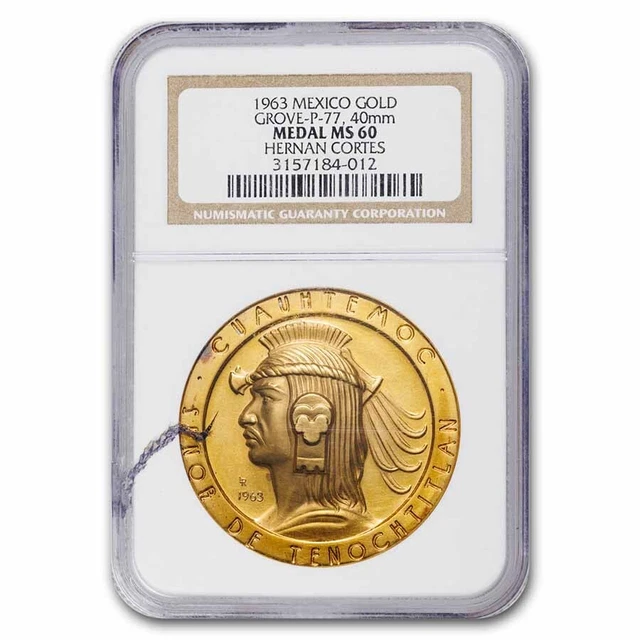 1963 Mexico Gold Medallic 50 Peso Cortez MS-60 NGC (Grove-P 77) - SKU#274689