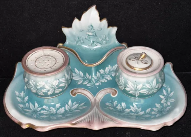 Antique KPM Porcelain Inkwell & Sander w/ Stand Gilt - Prussian Wars Inspired