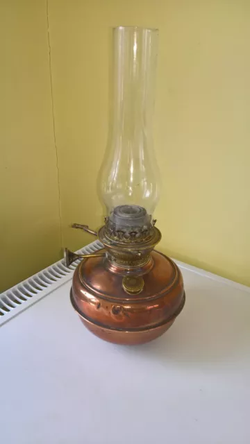 Vintage Jones & Willis copper & brass oil lamp with glass shade