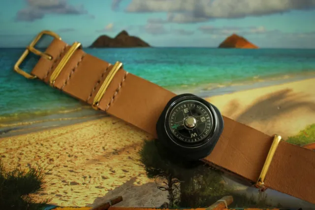 20Mm Tan Leather Diver Combat Watch Band Watchband Bracelet Strap + Compass 001