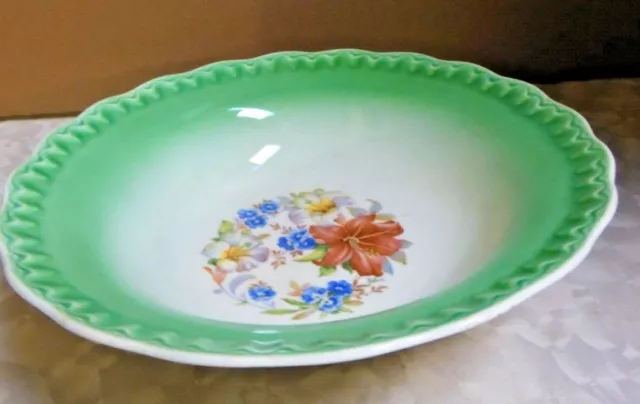 Beautiful Large Green Porcelain Serving Bowl Flower Garden Design 10"