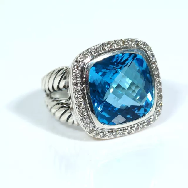 David Yurman 14mm Blue Topaz & Diamond Albion Ring Sterling Silver Size 7 US