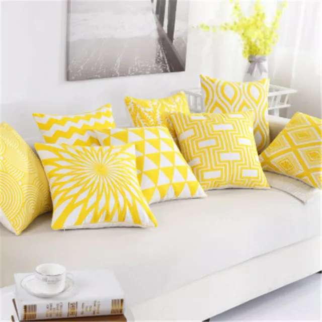 Yellow Geometric Canvas Cotton Square Embroidery Pillows Cover Bed Pillow Decor