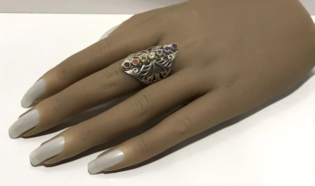 925 Sterlingsilber mehrfarbiger Stein filigran breiter Ring Größe 9,25