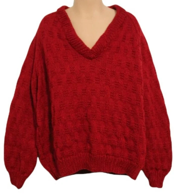 Vintage 70s Handknit Size 12 Kids Girls Boys Burgundy Basket Weave Wool Jumper