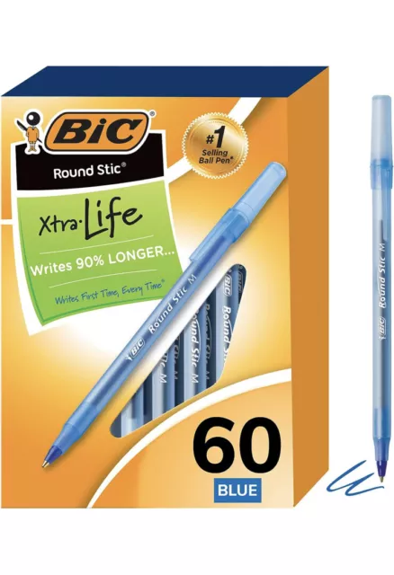 BIC Round Stic Xtra Life Ball Pen Medium Point Blue Ink 1.0 mm Pens 60-Count