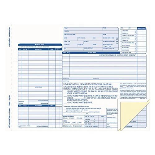 3869 Auto Repair Four-Part Order Form, 8 1/2 x 11, Four-Part Carbonless (Pack...