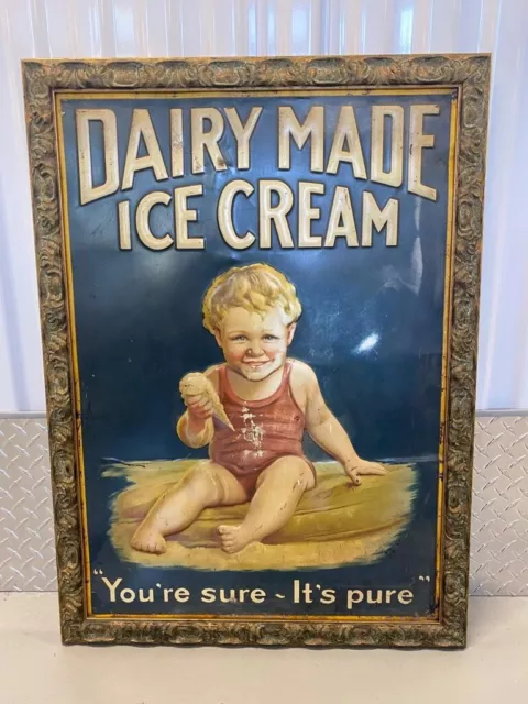 Embossed Tin Dairy Made Ice Cream Sign Super Rare