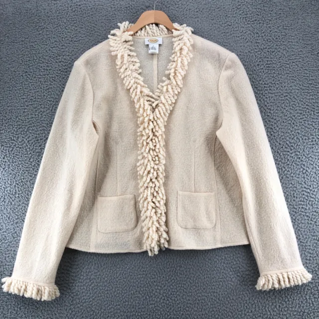 Talbots Blazer Womens Large Ivory Boiled Wool Sweater Knit Fringe Snap Vintage