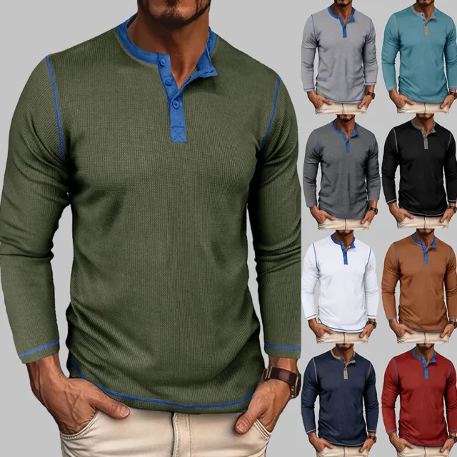 Mens Pullover Long Sleeve Colorblock T-shirts Turn Down Collar Casual Blouse Top