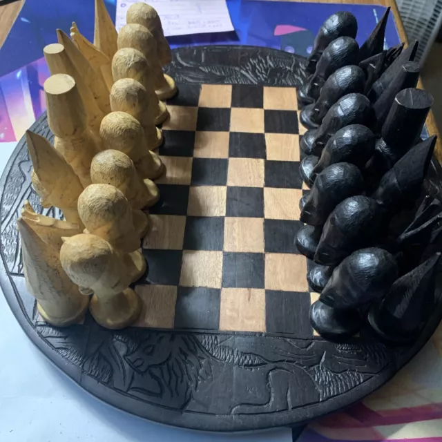 Malawian Hand Carved Wood Chess Set with Board 11” DM Ebony Vintage 90s African