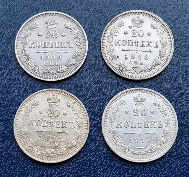 Russian Empire 20 kopeks 4 silver coins Nicholas II 1909-1915 VF-XF