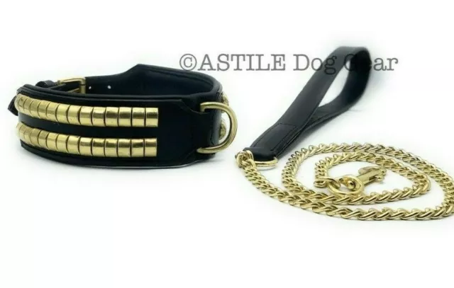 Leather Dog Studded Collar and Chain Lead Set Black Strong Dogs Padded Stitched