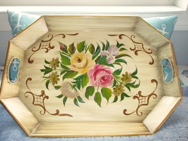 Vintage Iris Pink & Yellow Roses Hand Painted Off-White Beige Serving Tole Tray