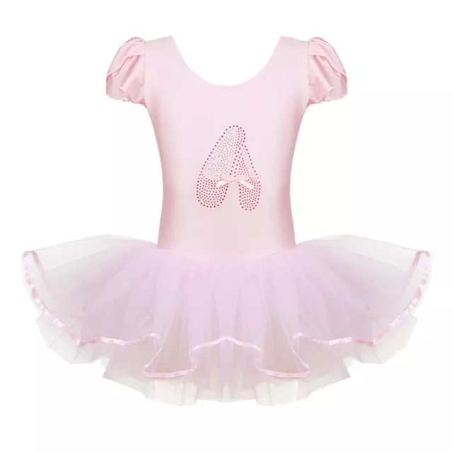 Kids Girls Shiny Ballerina Ballet Dance Leotard Dress Ruffle Sleeves Tutu Skirts