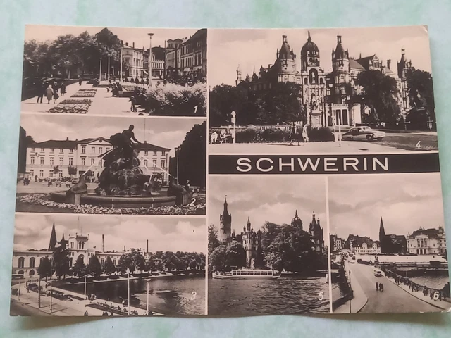 Alte AK Postkarte SW DDR 6 Ansichten von Schwerin 13.10.?5 gestempelt