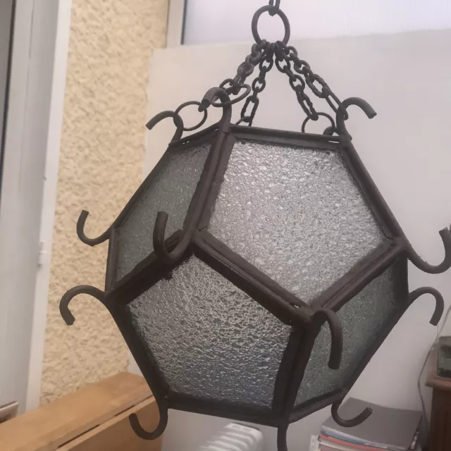 French Pentagon Lantern Pendant Ceiling Light Fixture WroughtIron Brutalist Iron