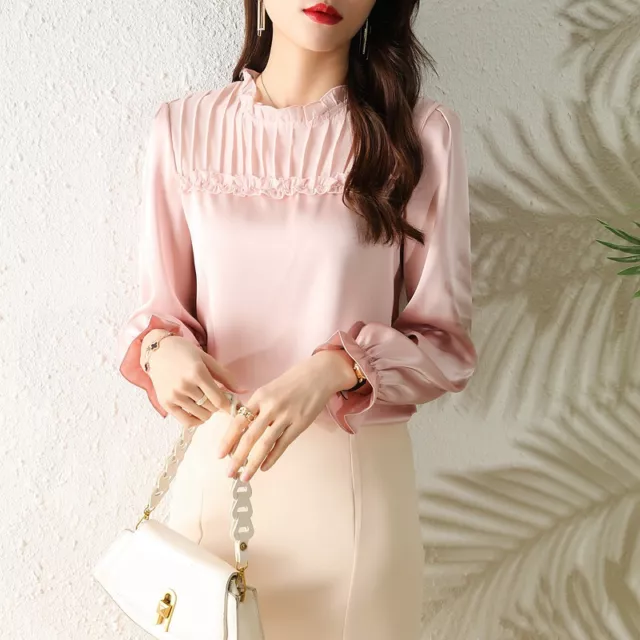 Women Autumn Spring Long Sleeve Ruffle Crew Neck Chiffon Solid Shirt Blouse Tops