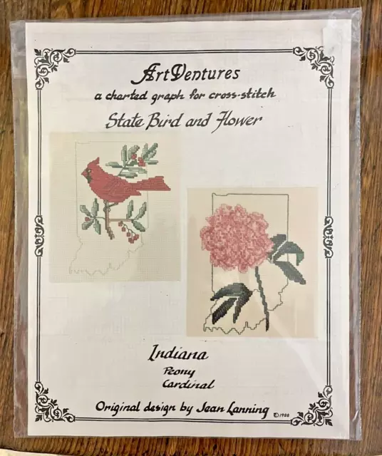 ArtVentures Indiana State Bird & Flower Cross Stitch Patt. Cardinal & Peony 1988