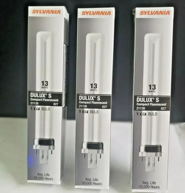 3x Sylvania Dulux S  13W 2700K 21136 CF13DS/827 2-PIN Compact Fluorescent Bulb