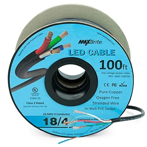 100 ft. 18AWG Low Voltage LED Cable 4 Conductor Black Sleeve In-Wall RGB Wire...