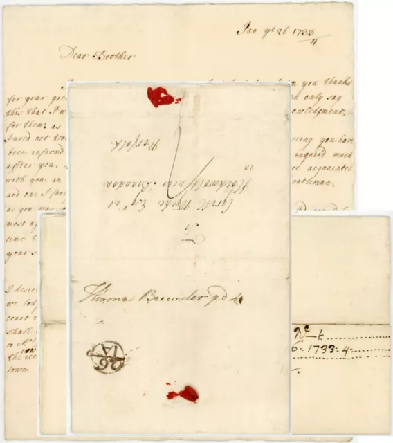1733 FAMILY LETTER CATHI WRIGHT to CYRILL WYCHE NORFOLK ..BREWSTER PAID EXTRA 1d
