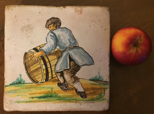 Large Antique French Delft Tin Glaze Faience Pottery Tile 18th 19th c. Wine Cask