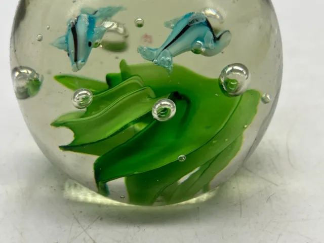 Vintage Murano Green / Blue Fish Inside  Glass Paperweight 3