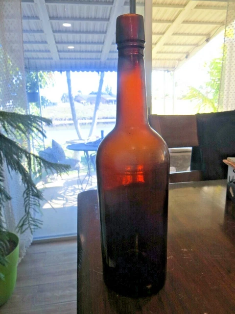 BROWN LIQUOR BOTTLE Pre Civil War Hand Blown Glass Applied Top 11 1/2