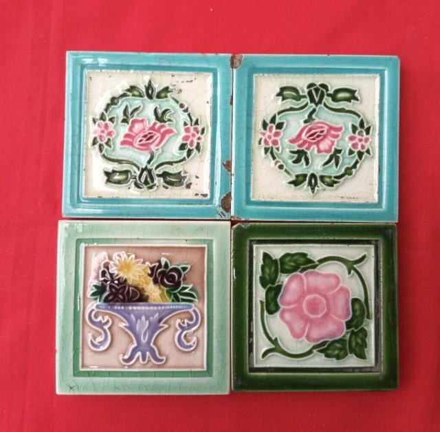 4 Piece Small Size 3x3 Old Art Flower Design Majolica Ceramic Tiles Japan 0095