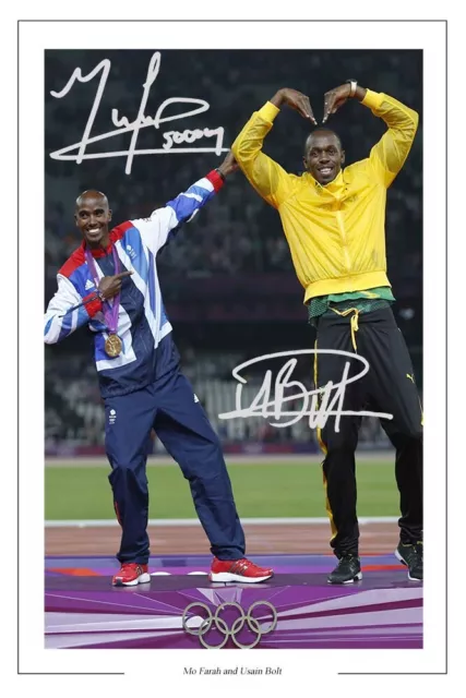 Mo Farah & Usain Bolt Signed Photo Print Athletics Olympics Autograph