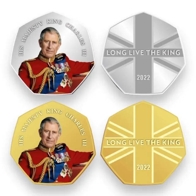King Charles Lll 50p Form Gedenkausgabe Münze Gold+Silber