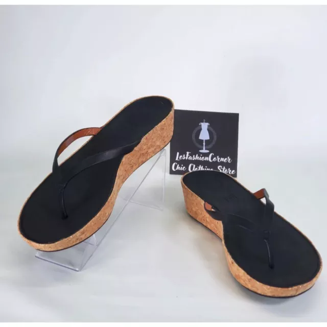 FitFlop Women's Black Leather Linny Toe Thong Cork Wedge Heel Sandals Size 10 15