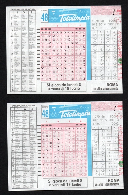 Schedine Totocalcio Speciali Giochi Olimpici Atlanta 1996 Concorso 48 Totolimpia