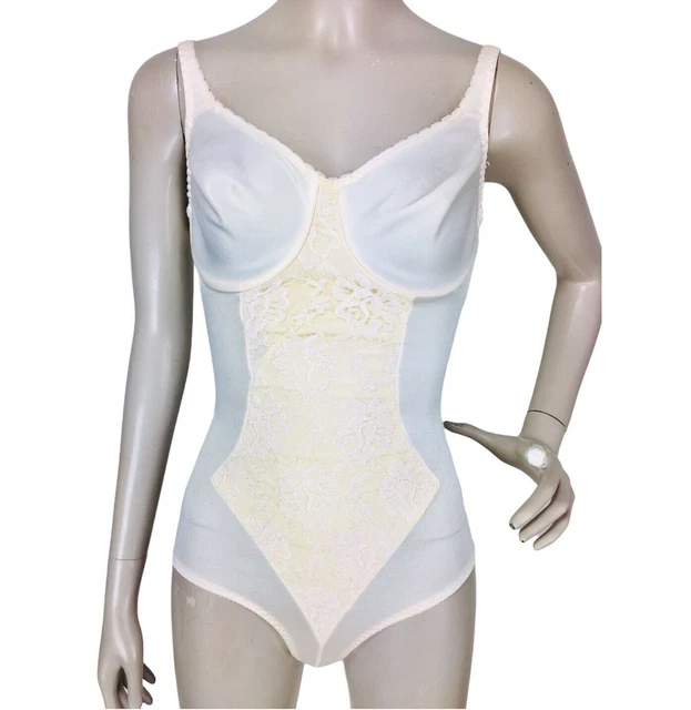 Vintage OLGA Beige Satin Lace Underwire Bodysuit Shapewear Girdle Size 34C