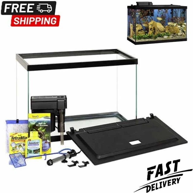 Aquarium Starter Kit 20-Gallon Fish Tank LED Hood w/ Filter Heater Plants Decor