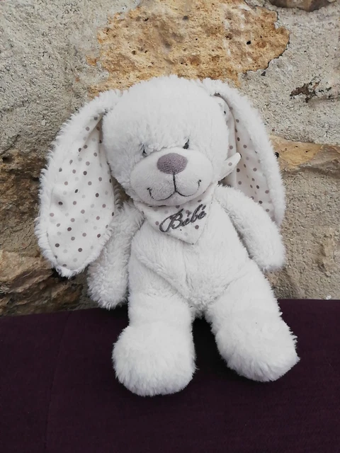 Doudou Peluche Pommette Lapin Blanc Bébé Pois Gris Bandana