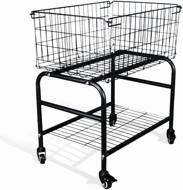 Rolling Laundry Basket on Wheels,Garment Storage Cart,Black Metal Basket with