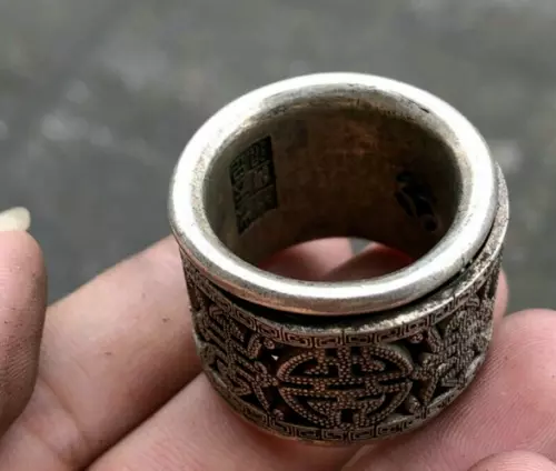 Exquisite Old Chinese tibet silver handcarved fu shou Pull finger Ring statue 9