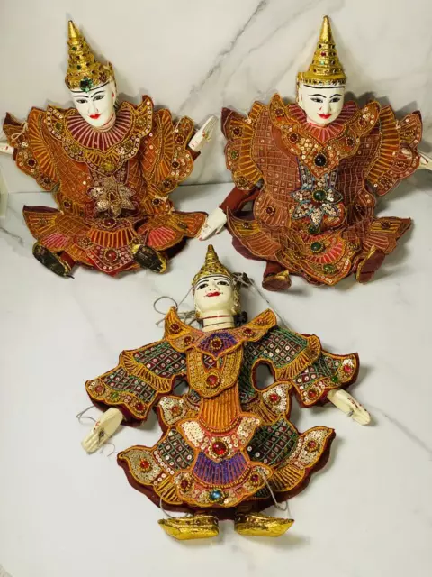 Thai Burmese Marionette String Handmade Puppet Wooden Traditional Dress Lot of 3