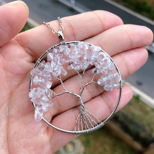 Rock Quartz Stone Tree Of Life Pendant Necklace Chakra Reiki Healing Amulet