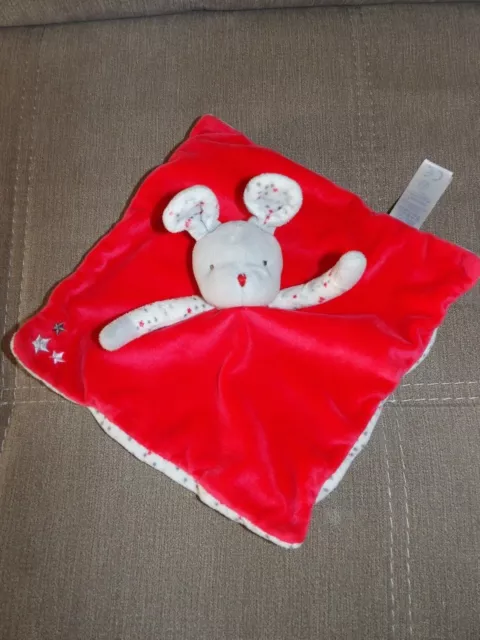 Doudou Plat Obaibi Okaidi Lapin Souris Rouge et Gris Etoile Très Bon Etat