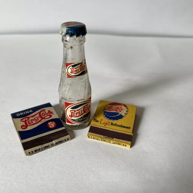 Extremely RARE 1940's Glass & Tin Vintage Mini Miniature 3" AD Pepsi Cola Bottle