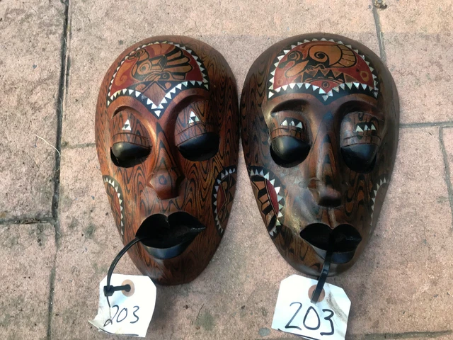 A Pair,of Antique Indonesian Wood Mask Hand Carved Painted Tribal ART Work-W-20