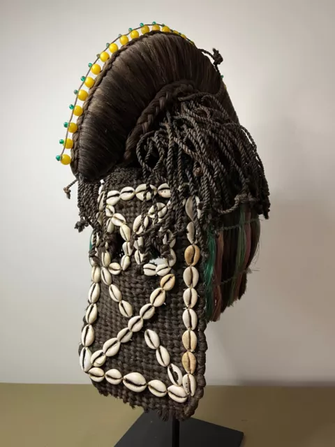 Old Dogon Fiber Hood Mask - Beads, Braids, Cowrie Shells, Multicolor Hair